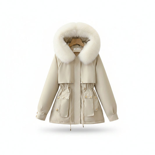 Women's solid padded winter coat with soft furry collar and relaxed fit
